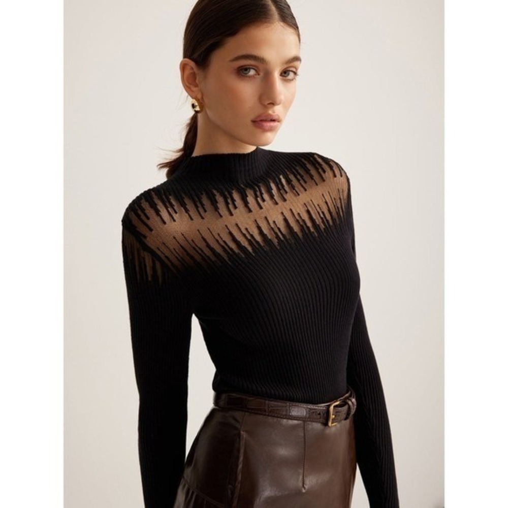 Commense Mock Neck Sheer Panel Knit Top Black size S